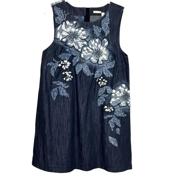 Holding Horses Dress Womens 8 Blue Denim Embroidered Floral Shift Anthropologie - Picture 1 of 11